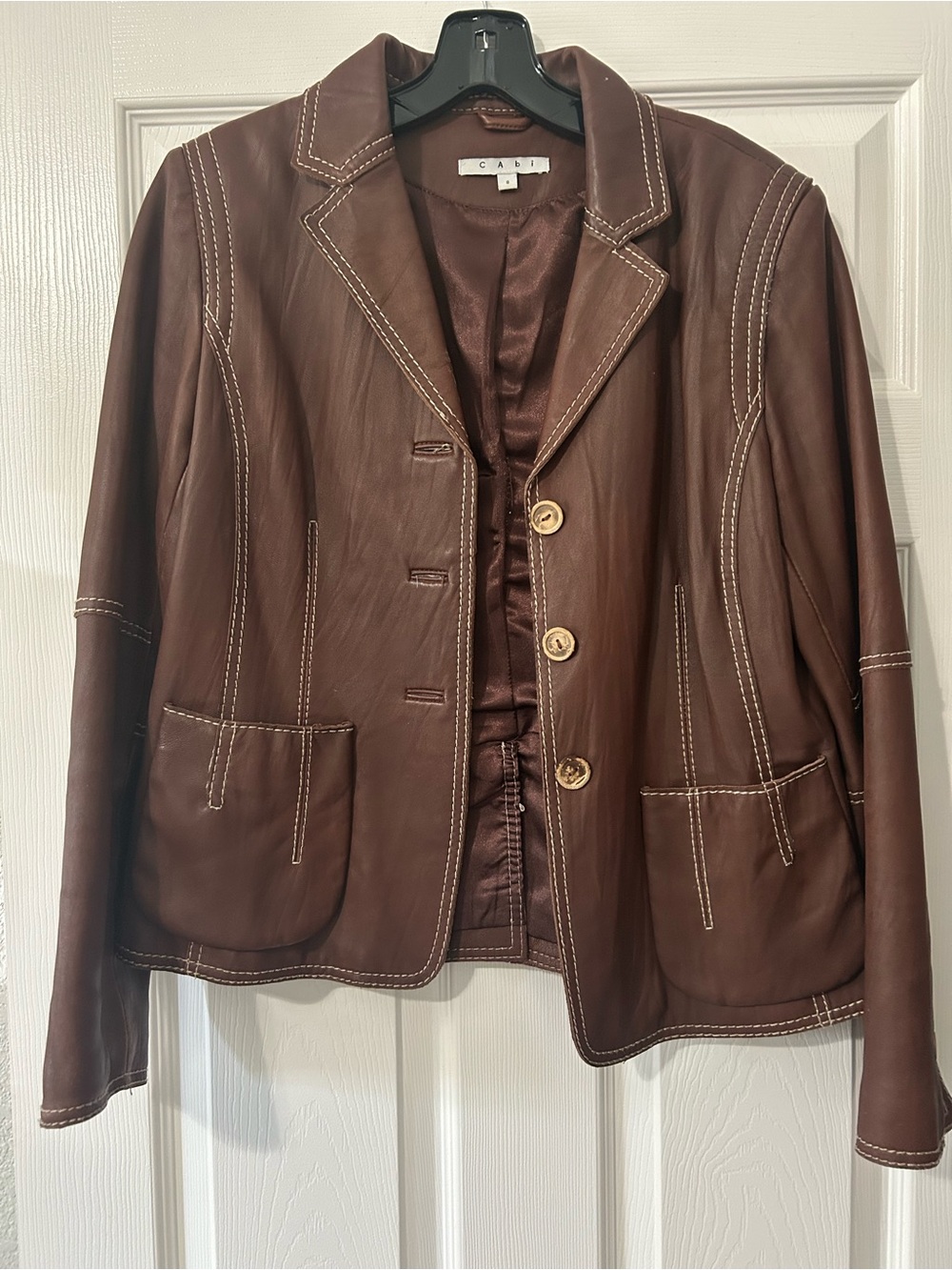 CAbi Chocolate Brown Leather Blazer with Contrast Stitching